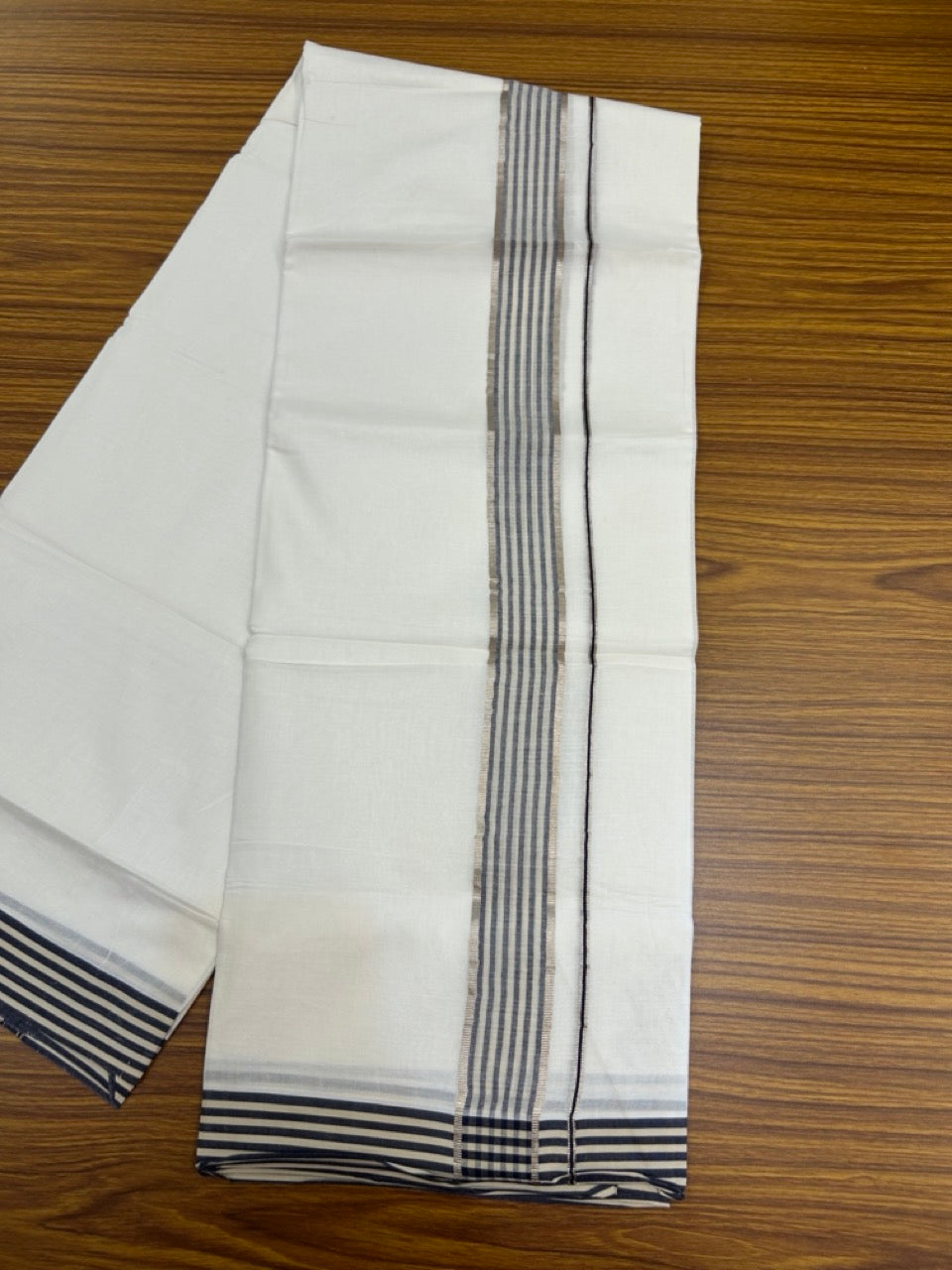 20% Discount! KaithariKada Balaramapuram 100% Cotton Double Pure white Mundu/Dhoti- 100x80 - 1.5 inch Silver Navy Blue & Cream Striped kara - 3.90mtr ( 8 muzham) - 68 KK5279 CKS