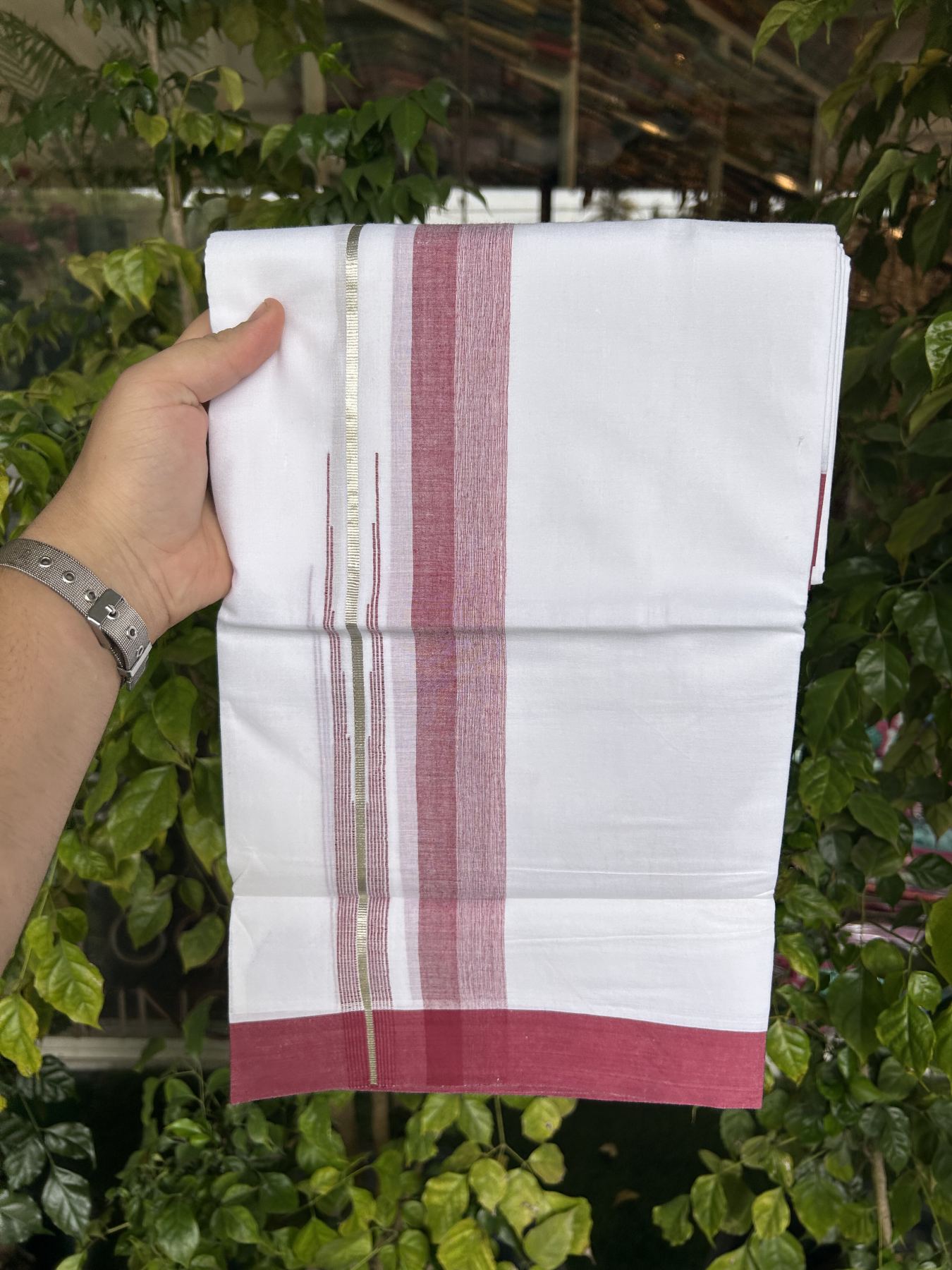20% Discount ! Kaitharikada Balaramapuram 100% Pure Cotton Double Pure White Mundu/Dhoti - 100x80 - 1.5 inch Silver Kasav & Light Maroon Shaded Stripes Chutty 3.90 mtr (8 muzham) - 50 KK5312 PMC