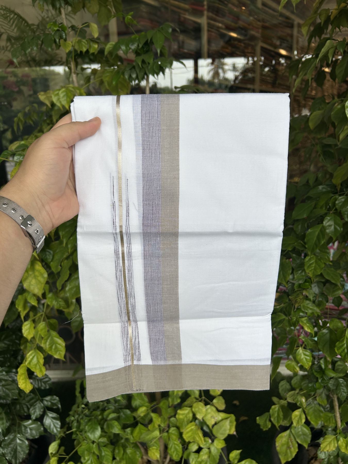 20% Discount ! Kaitharikada Balaramapuram 100% Pure Cotton Double Pure White Mundu/Dhoti - 100x80 - 1.5 inch Silver Kasav Sage Green & Grape Wine Shaded Stripes Chutty 3.90 mtr (8 muzham) - 60 KK5312 PMC