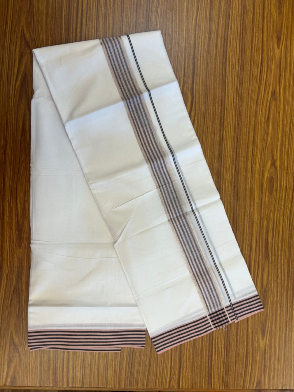 20% Discount! KaithariKada Balaramapuram 100% Cotton Double Pure white Mundu/Dhoti- 100x80 - 1.5 inch Silver Black & Dusty Rose Striped kara - 3.90mtr ( 8 muzham) - 71 KK5279 CKS