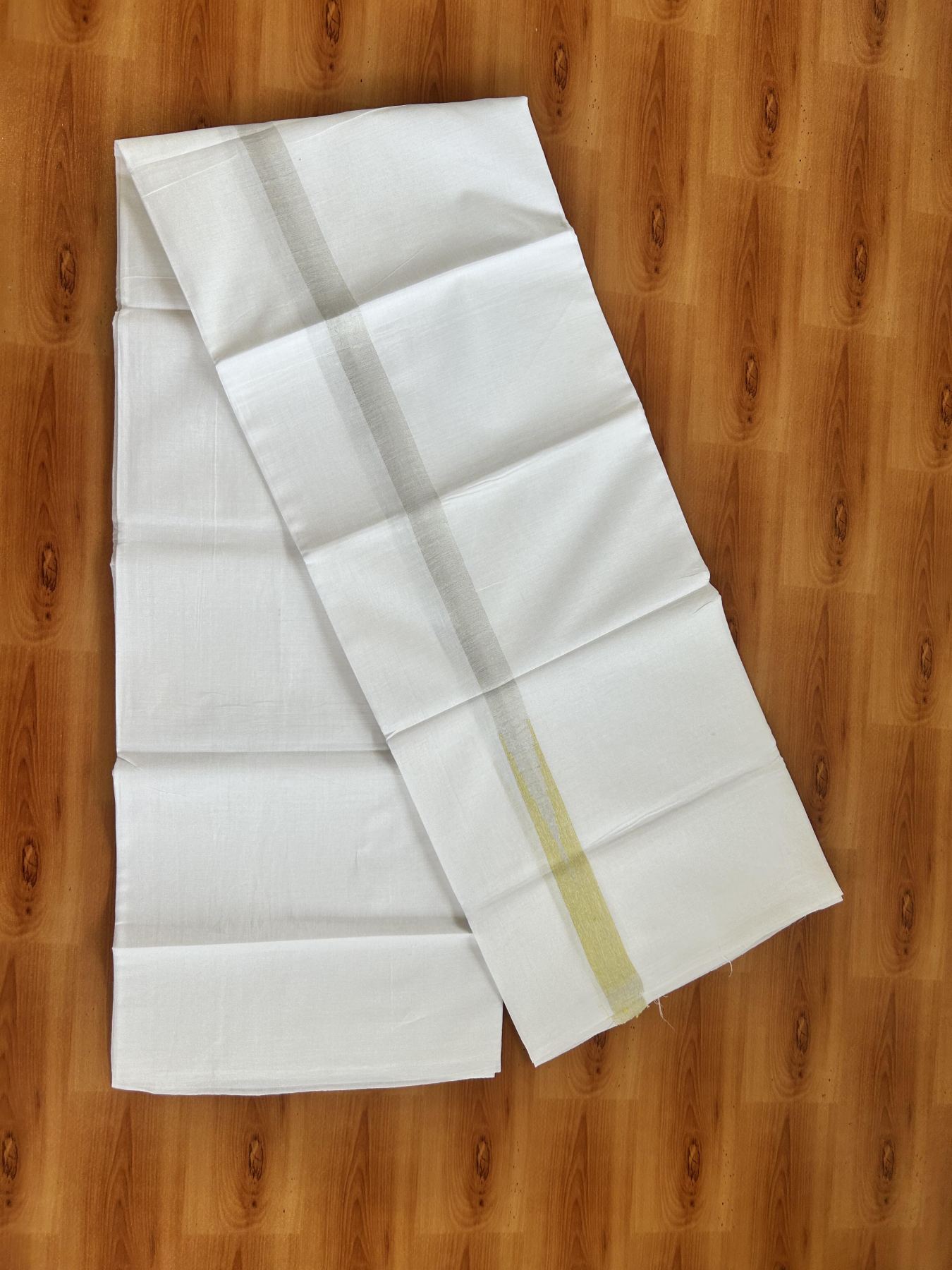 Double Pure White Mundu/Dhoti - 20% Discount !! KaithariKada Balaramapuram 100% Cotton - 100x80 - 0.75 inch Yellow Silver Kasav Chutty Kara 3.80 mtr (8 muzham) - 30 KK5414 CKS