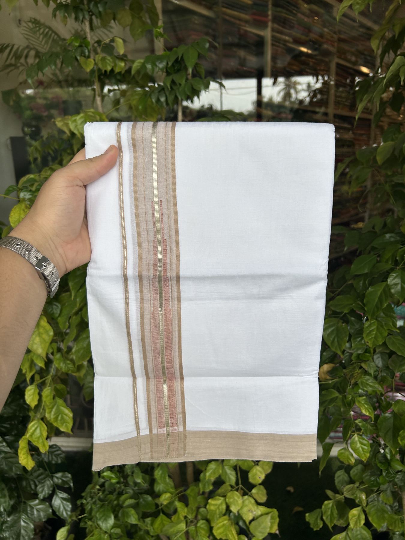 20% Discount ! Kaitharikada Balaramapuram 100% Pure Cotton Double Pure White Mundu/Dhoti - 100x80 - 1.5 inch Silver Kasav Brown & Brick Red Shaded Stripes Chutty 3.90 mtr (8 muzham) - 56 KK5312 PMC