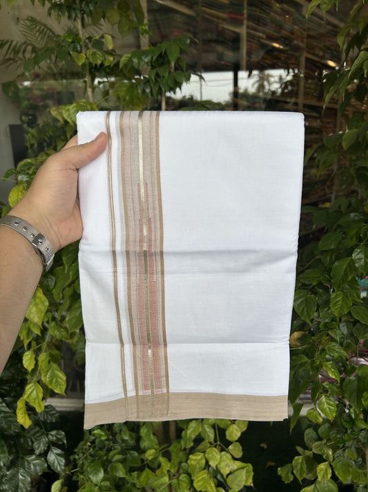 20% Discount ! Kaitharikada Balaramapuram 100% Pure Cotton Double Pure White Mundu/Dhoti - 100x80 - 1.5 inch Silver Kasav Brown & Brick Red Shaded Stripes Chutty 3.90 mtr (8 muzham) - 56 KK5312 PMC