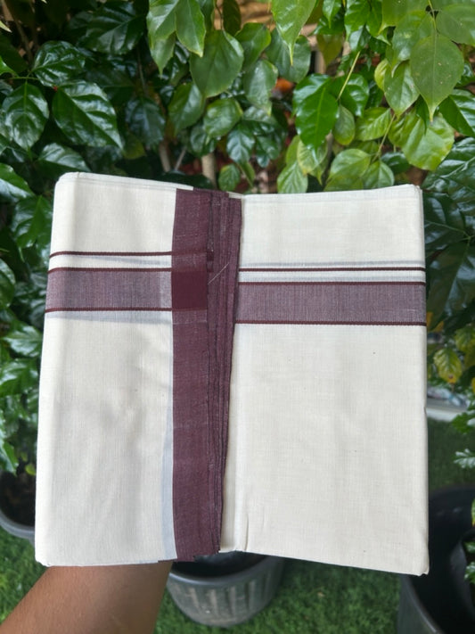 25% Discount ! KaithariKada Handloom Millpaav Balaramapuram - 100% PURE Cotton OFF White (Unbleached) Double Mundu/Dothi - 80x90 - 1 inch Dark Brown Mulloth Kara 4 Meters (8.5 Muzham) - 9 KK5256 RAM