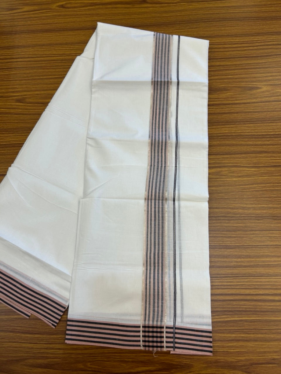 20% Discount! KaithariKada Balaramapuram 100% Cotton Double Pure white Mundu/Dhoti- 100x80 - 1.5 inch Silver Black & Dusty Rose Striped kara - 3.90mtr ( 8 muzham) - 71 KK5279 CKS