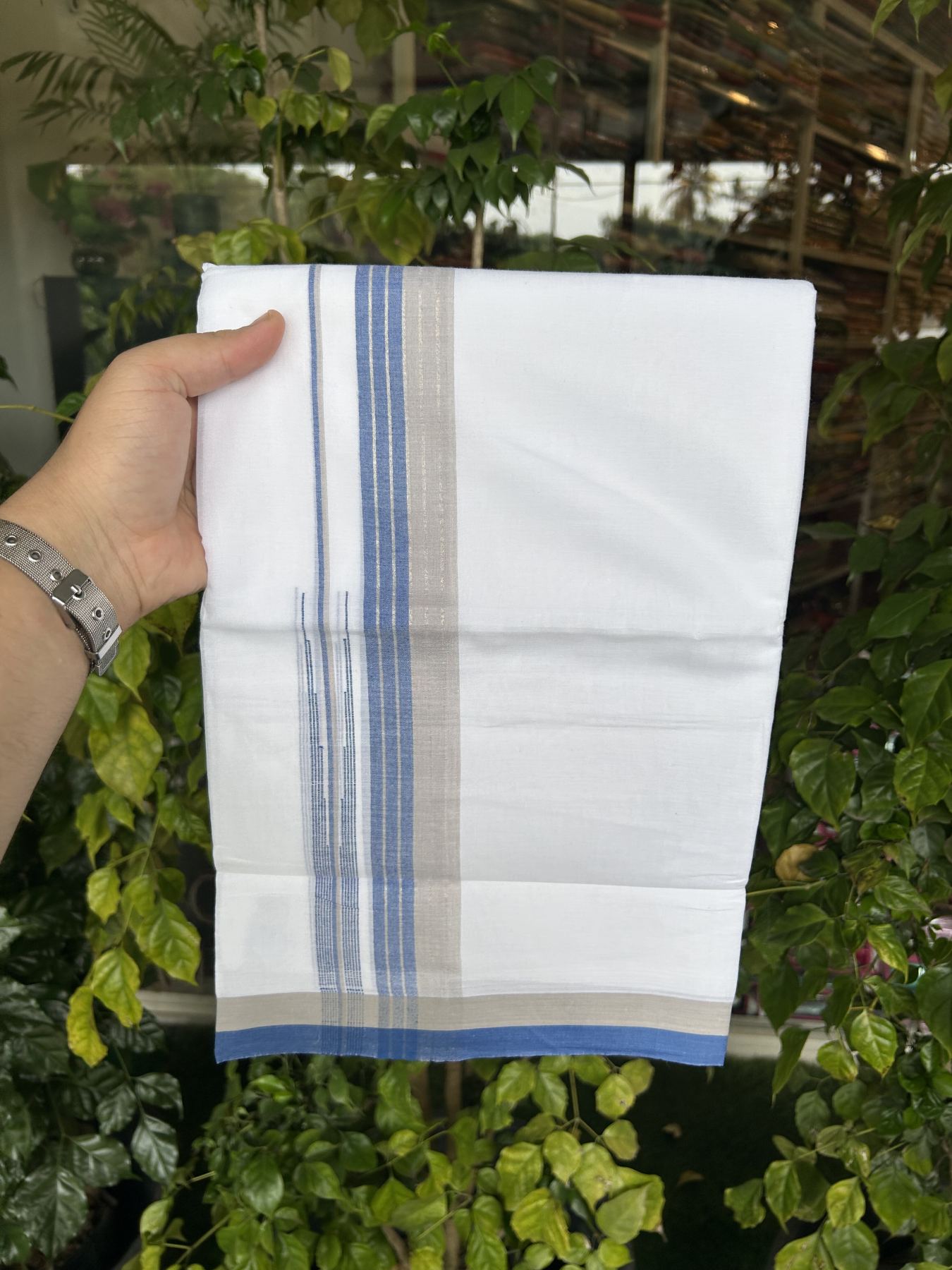 20% Discount ! Kaitharikada Balaramapuram 100% Pure Cotton Double Pure White Mundu/Dhoti - 100x80 - 1.5 inch Silver Kasav Grey & Blue Shaded Stripes Chutty 3.90 mtr (8 muzham) - 57 KK5312 PMC