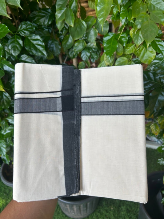25% Discount ! KaithariKada Handloom Millpaav Balaramapuram - 100% PURE Cotton OFF White (Unbleached) Double Mundu/Dothi - 80x90 - 1.25 inch Black Mulloth Kara 4 Meters (8.5 Muzham) - 10 KK5256 RAM