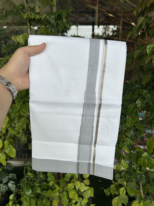 20% Discount ! Kaitharikada Balaramapuram 100% Pure Cotton Double Pure White Mundu/Dhoti - 100x80 - 1.5 inch Silver Kasav & Grey Shaded Stripes Chutty 3.90 mtr (8 muzham) - 55 KK5312 PMC