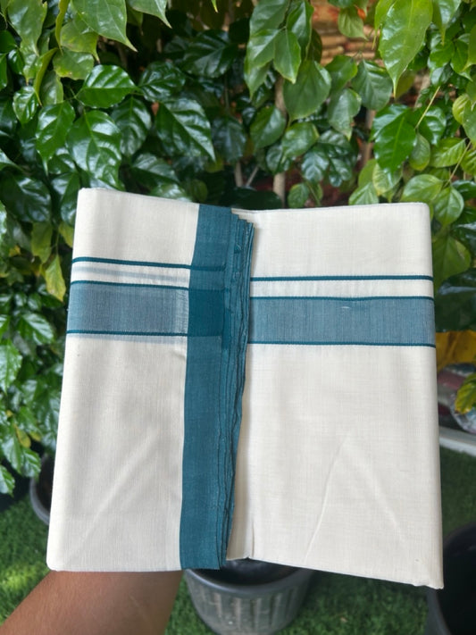 25% Discount ! KaithariKada Handloom Millpaav Balaramapuram - 100% PURE Cotton OFF White (Unbleached) Double Mundu/Dothi - 80x90 - 1.25 inch Peacock Blue Mulloth Kara 4 Meters (8.5 Muzham) - 11 KK5256 RAM