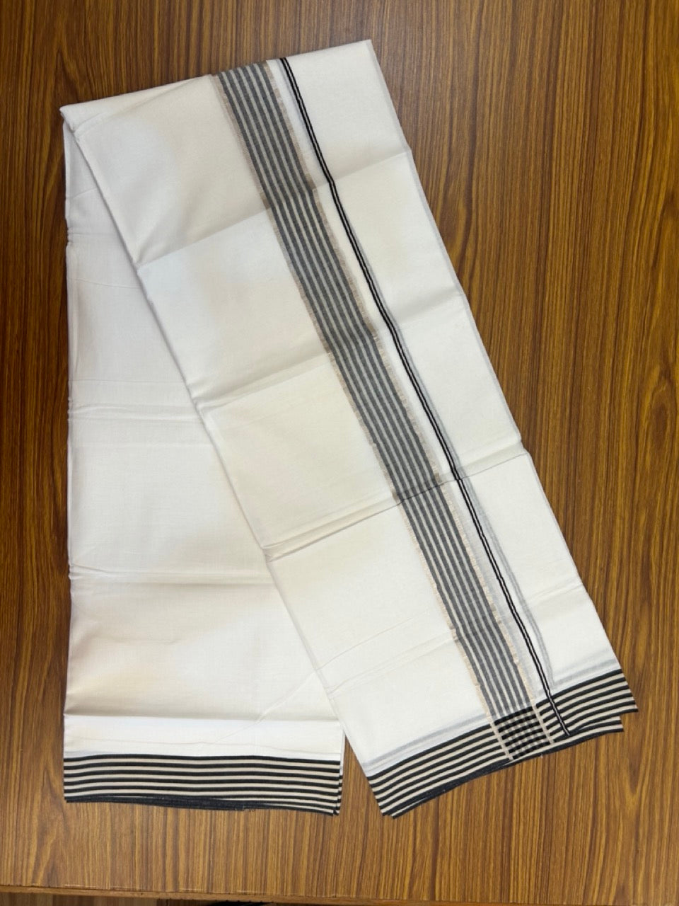 20% Discount! KaithariKada Balaramapuram 100% Cotton Double Pure white Mundu/Dhoti- 100x80 - 1.5 inch Silver Black & Cream Striped kara - 3.90mtr ( 8 muzham) - 70 KK5279 CKS