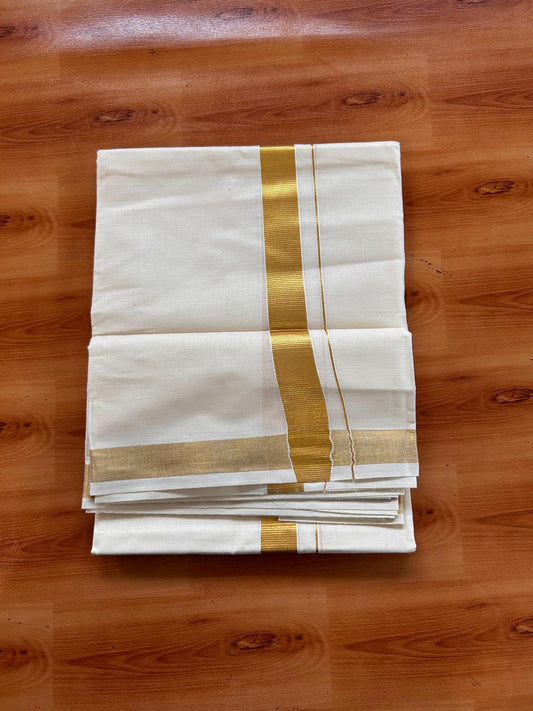 Neriyath Off White  (Unbleached) - KaithariKada -  80x72 Mixed Cotton - 1 Inch Gold Kasavu Kara - 2.60 mtr (3.64 muzham)- 2 KK5532 VIN