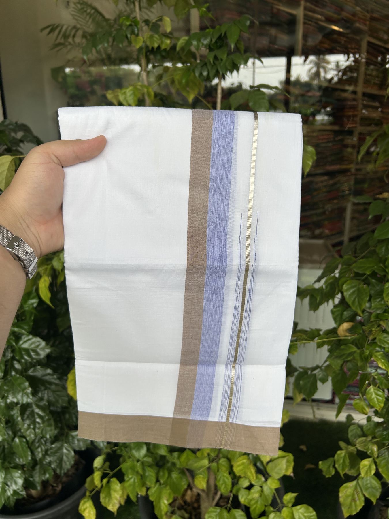 20% Discount ! Kaitharikada Balaramapuram 100% Pure Cotton Double Pure White Mundu/Dhoti - 100x80 - 1.5 inch Silver Kasav Greyish Brown & Blue Shaded Stripes Chutty 3.90 mtr (8 muzham) - 59 KK5312 PMC