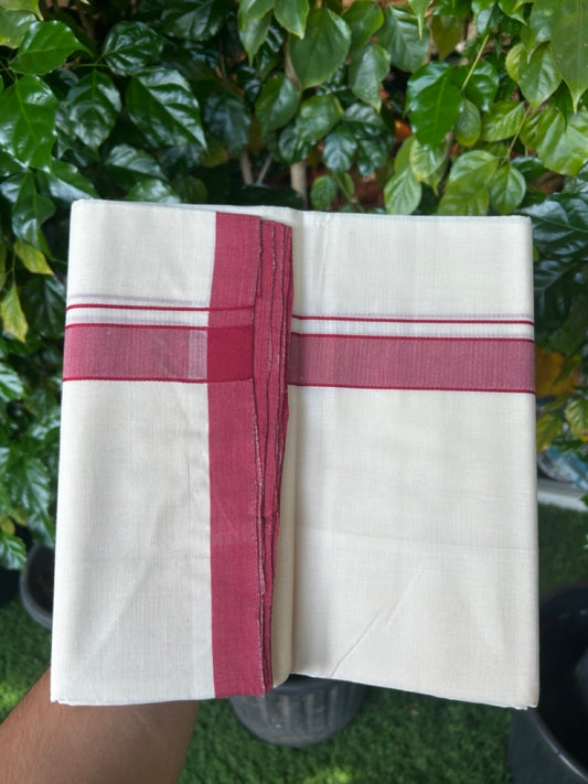 25% Discount ! KaithariKada Handloom Millpaav Balaramapuram - 100% PURE Cotton OFF White (Unbleached) Double Mundu/Dothi - 80x90 - 1 inch Maroon Mulloth Kara 4 Meters (8.5 Muzham) - 13 KK5256 RAM