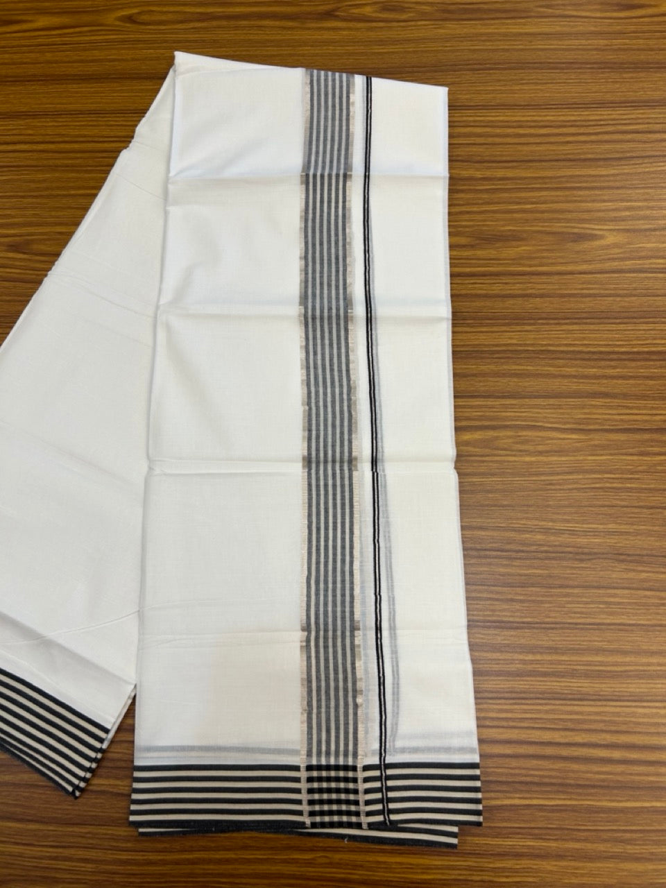 20% Discount! KaithariKada Balaramapuram 100% Cotton Double Pure white Mundu/Dhoti- 100x80 - 1.5 inch Silver Black & Cream Striped kara - 3.90mtr ( 8 muzham) - 70 KK5279 CKS