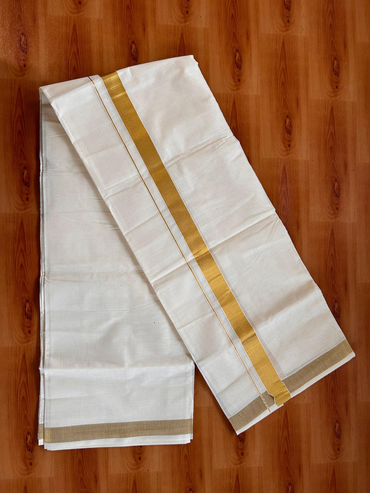Neriyath Off White  (Unbleached) - KaithariKada -  80x72 Mixed Cotton - 1 Inch Gold Kasavu Kara - 2.60 mtr (3.64 muzham)- 2 KK5532 VIN