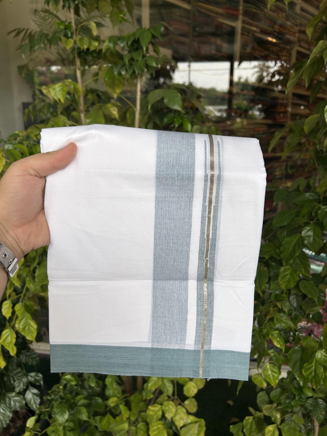 20% Discount ! Kaitharikada Balaramapuram 100% Pure Cotton Double Pure White Mundu/Dhoti - 100x80 - 1.5 inch  Silver Kasav & Light Pine Green Shaded Stripes Chutty 3.90 mtr (8 muzham) - 45 KK5312 PMC