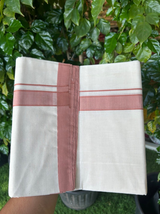 25% Discount ! KaithariKada Handloom Millpaav Balaramapuram - 100% PURE Cotton OFF White (Unbleached) Double Mundu/Dothi - 80x90 - 1 inch Light Pinkish Brown Mulloth Kara 4 Meters (8.5 Muzham) - 14 KK5256 RAM