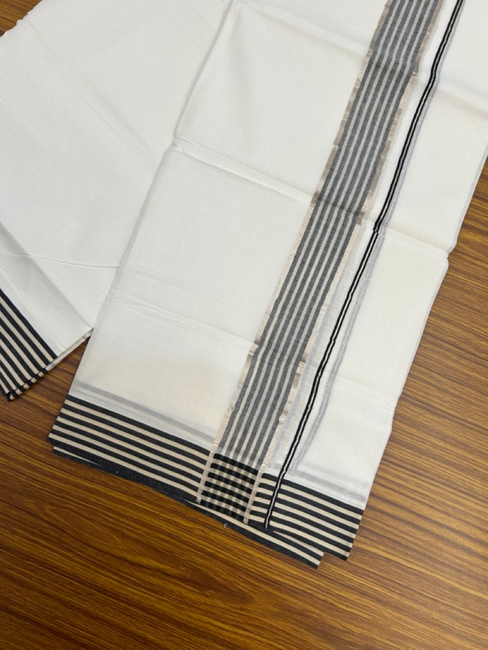 20% Discount! KaithariKada Balaramapuram 100% Cotton Double Pure white Mundu/Dhoti- 100x80 - 1.5 inch Silver Black & Cream Striped kara - 3.90mtr ( 8 muzham) - 70 KK5279 CKS