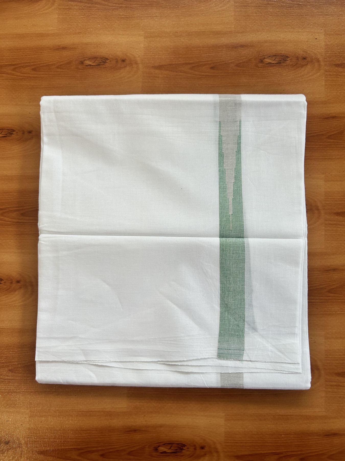 Double Pure White Mundu/Dhoti - 20% Discount !! KaithariKada Balaramapuram 100% Cotton - 100x80 - 0.75 inch Light Green Silver Kasav Chutty Kara 3.80 mtr (8 muzham) - 25 KK5414 CKS