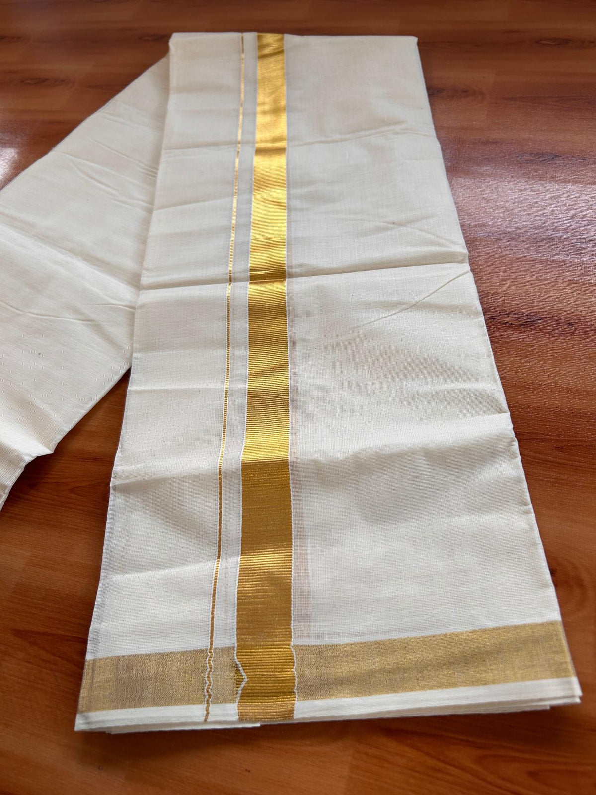 Neriyath Off White  (Unbleached) - KaithariKada -  80x72 Mixed Cotton - 1 Inch Gold Kasavu Kara - 2.60 mtr (3.64 muzham)- 2 KK5532 VIN