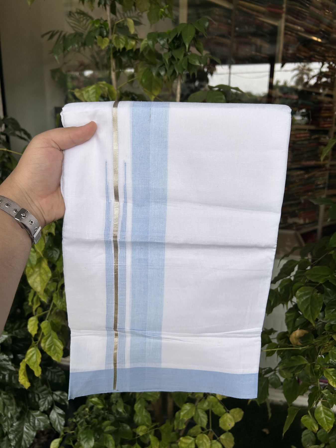 20% Discount ! Kaitharikada Balaramapuram 100% Pure Cotton Double Pure White Mundu/Dhoti - 100x80 - 1.5 inch Silver Kasav & Light Sky Blue Shaded Stripes Chutty 3.90 mtr (8 muzham) - 47 KK5312 PMC