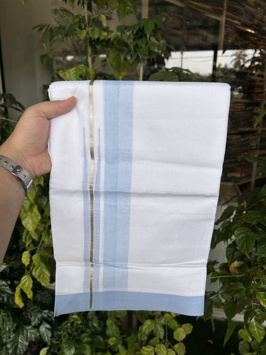20% Discount ! Kaitharikada Balaramapuram 100% Pure Cotton Double Pure White Mundu/Dhoti - 100x80 - 1.5 inch Silver Kasav & Light Sky Blue Shaded Stripes Chutty 3.90 mtr (8 muzham) - 47 KK5312 PMC