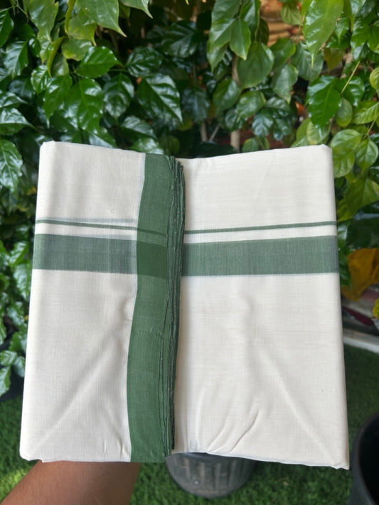25% Discount ! KaithariKada Handloom Millpaav Balaramapuram - 100% PURE Cotton OFF White (Unbleached) Double Mundu/Dothi - 80x90 - 1.25 inch Green Mulloth Kara 4 Meters (8.5 Muzham) - 12 KK5256 RAM