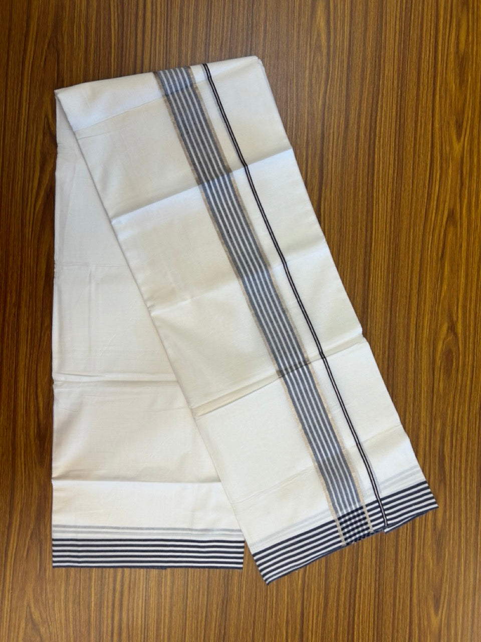 20% Discount! KaithariKada Balaramapuram 100% Cotton Double Pure white Mundu/Dhoti- 100x80 - 1.5 inch Silver Navy Blue & White Striped kara - 3.90mtr ( 8 muzham) - 72 KK5279 CKS