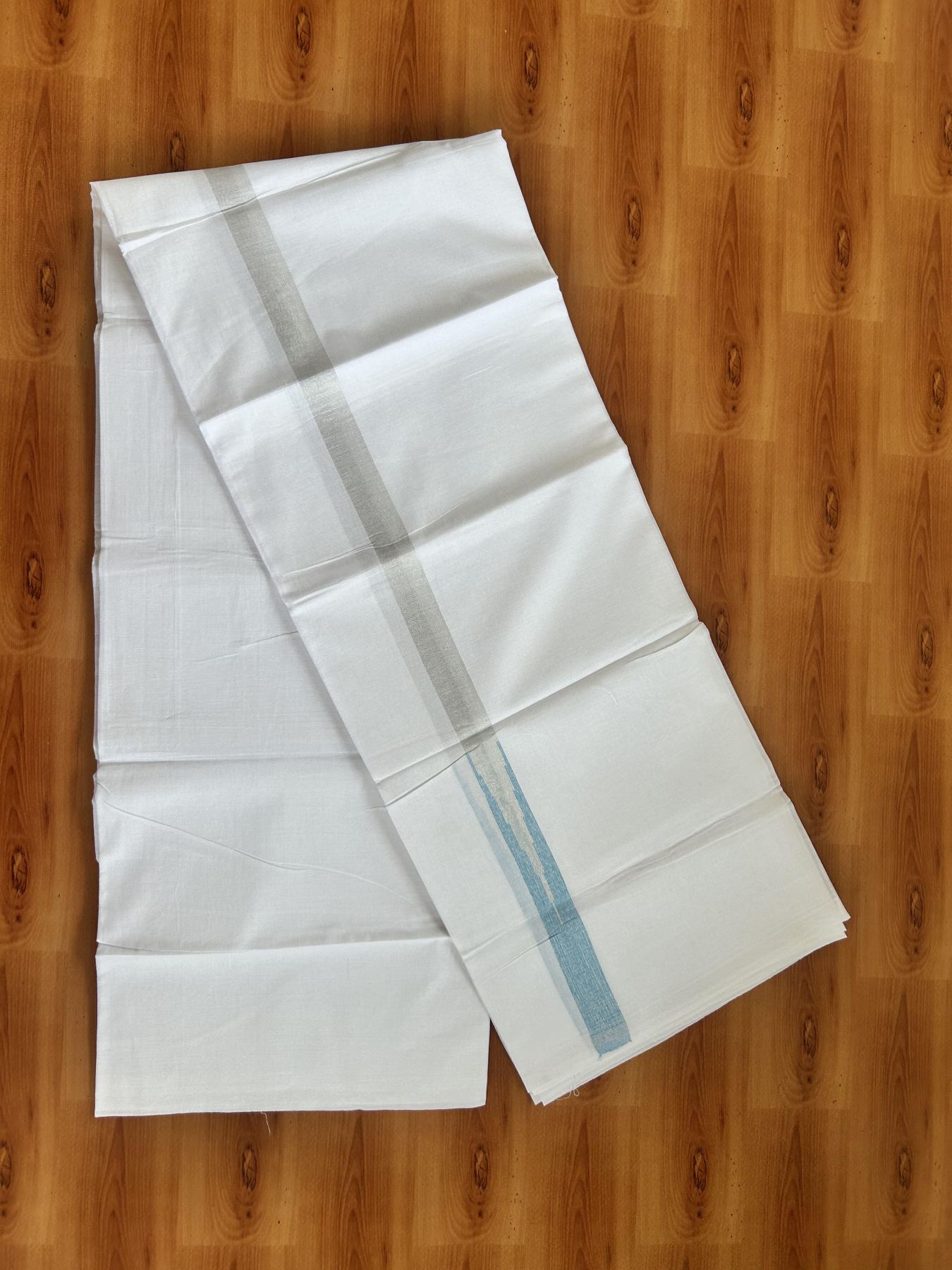Double Pure White Mundu/Dhoti - 20% Discount !! KaithariKada Balaramapuram 100% Cotton - 100x80 - 0.75 inch Light Blue Silver Kasav Chutty Kara 3.80 mtr (8 muzham) - 31 KK5414 CKS