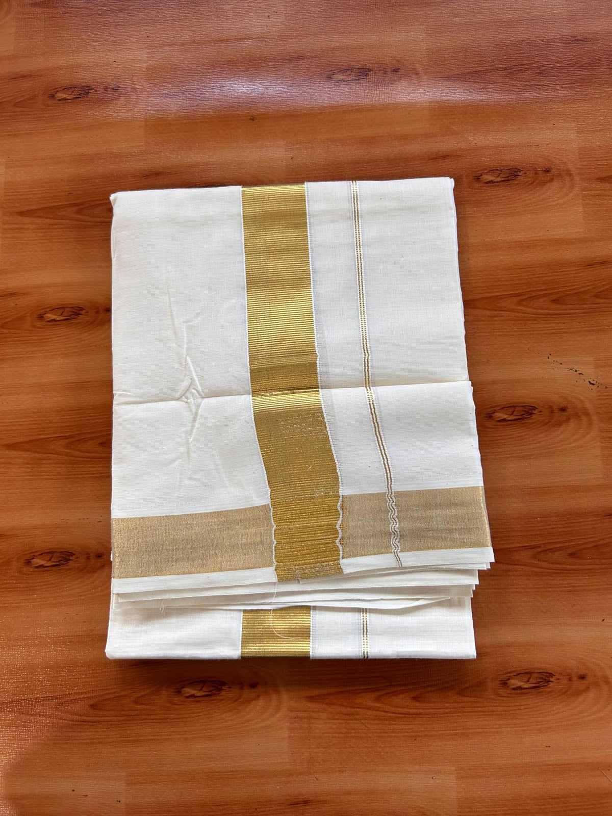 Neriyath Off White  (Unbleached) - KaithariKada -  80x72 Mixed Cotton - 1.5 Inch Gold Kasavu Kara - 2.50 mtr (5.34 muzham)- 3 KK5532 VIN