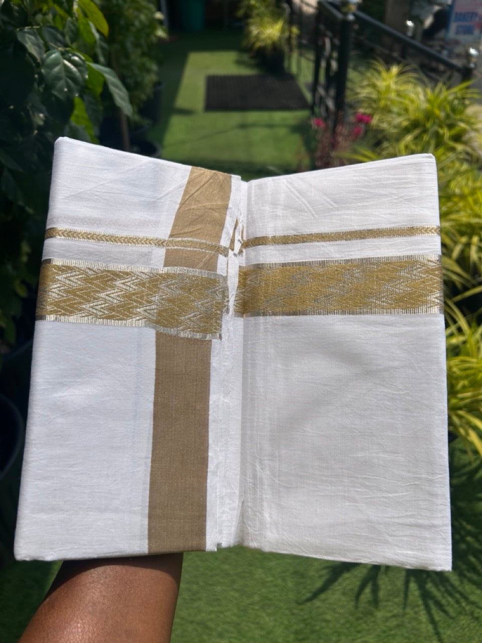 20% Discount! KaithariKada Balaramapuram 100% Cotton Double Pure white Mundu/Dhoti - 100x80 - 2 Inch Silver kasav Sand Brown jacquard pattern Kara - 1KK5118PMC