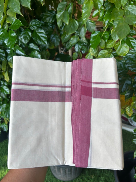 25% Discount ! KaithariKada Handloom Millpaav Balaramapuram - 100% PURE Cotton OFF White (Unbleached) Double Mundu/Dothi - 80x90 - 1 inch Dull Magenta Mulloth Kara 4 Meters (8.5 Muzham) - 4 KK5256 RAM