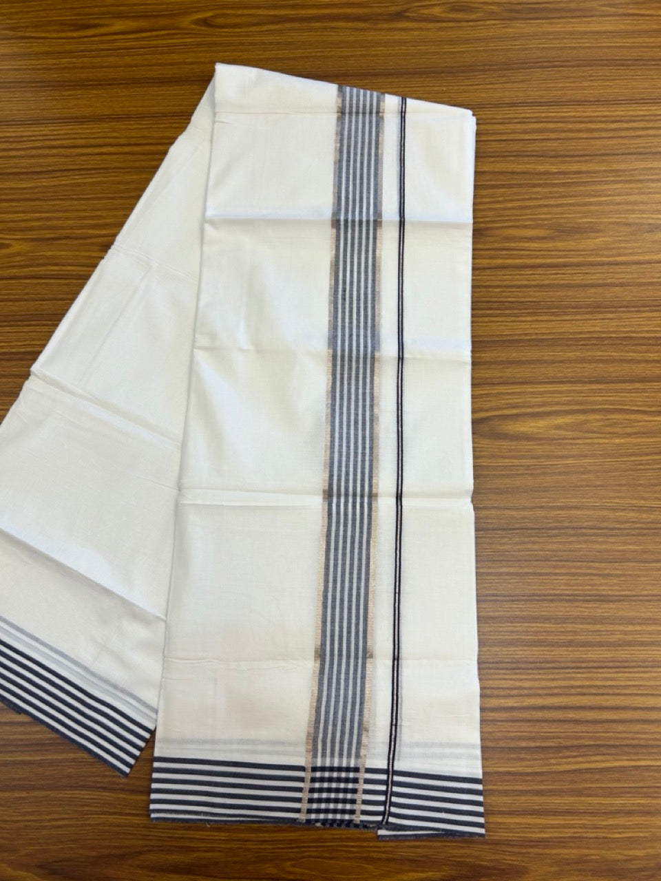 20% Discount! KaithariKada Balaramapuram 100% Cotton Double Pure white Mundu/Dhoti- 100x80 - 1.5 inch Silver Navy Blue & White Striped kara - 3.90mtr ( 8 muzham) - 72 KK5279 CKS