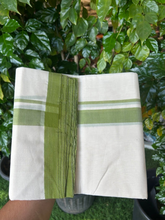 25% Discount ! KaithariKada Handloom Millpaav Balaramapuram - 100% PURE Cotton OFF White (Unbleached) Double Mundu/Dothi - 80x90 - 1.25 inch Light Green Mulloth Kara 4 Meters (8.5 Muzham) - 3 KK5256 RAM