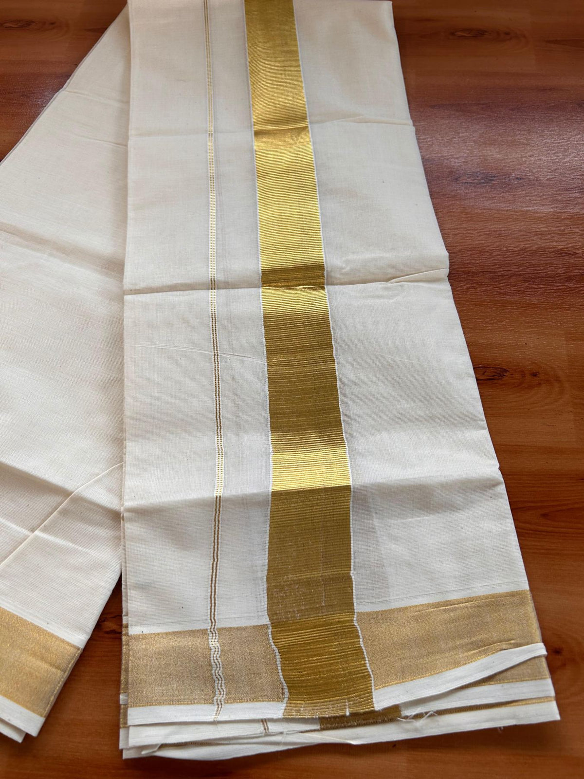 Neriyath Off White  (Unbleached) - KaithariKada -  80x72 Mixed Cotton - 1.5 Inch Gold Kasavu Kara - 2.50 mtr (5.34 muzham)- 3 KK5532 VIN