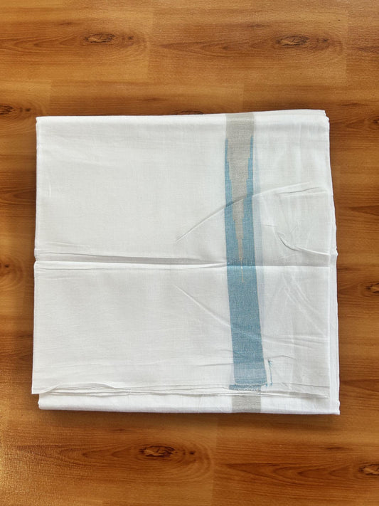 Double Pure White Mundu/Dhoti - 20% Discount !! KaithariKada Balaramapuram 100% Cotton - 100x80 - 0.75 inch Light Blue Silver Kasav Chutty Kara 3.80 mtr (8 muzham) - 31 KK5414 CKS