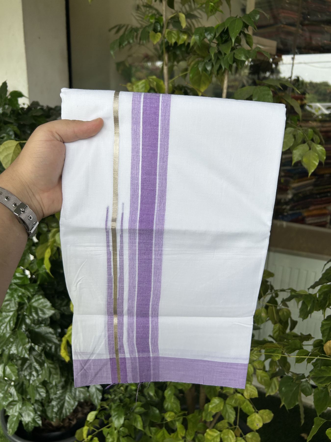 20% Discount ! Kaitharikada Balaramapuram 100% Pure Cotton Double Pure White Mundu/Dhoti - 100x80 - 1.5 inch Silver Kasav & Purple Shaded Stripes Chutty 3.90 mtr (8 muzham) - 54 KK5312 PMC