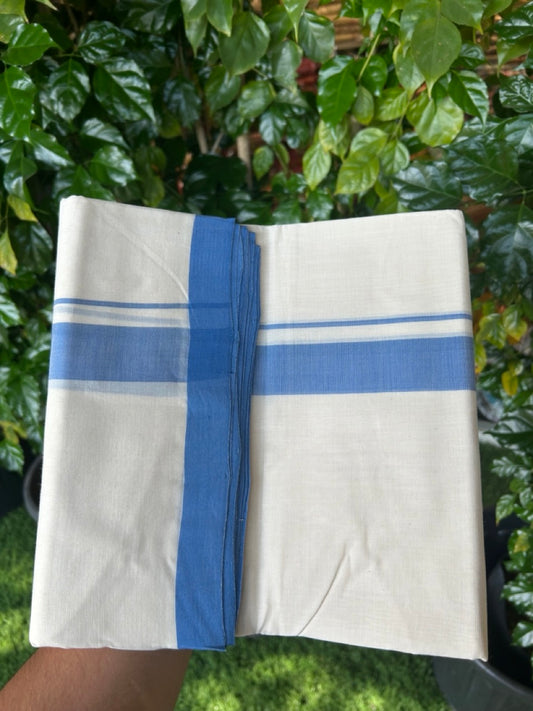 25% Discount ! KaithariKada Handloom Millpaav Balaramapuram - 100% PURE Cotton OFF White (Unbleached) Double Mundu/Dothi - 80x90 - 1.25 inch Blue Mulloth Kara 4 Meters (8.5 Muzham) - 8 KK5256 RAM