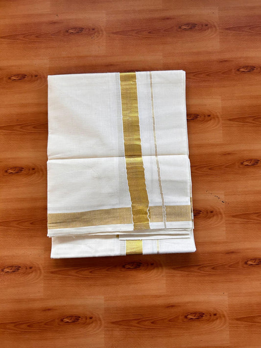 Neriyath Off White  (Unbleached) - KaithariKada -  80x72 Mixed Cotton - 1 Inch Gold Kasavu Kara - 2.50 mtr (5.34 muzham)- 4 KK5532 VIN