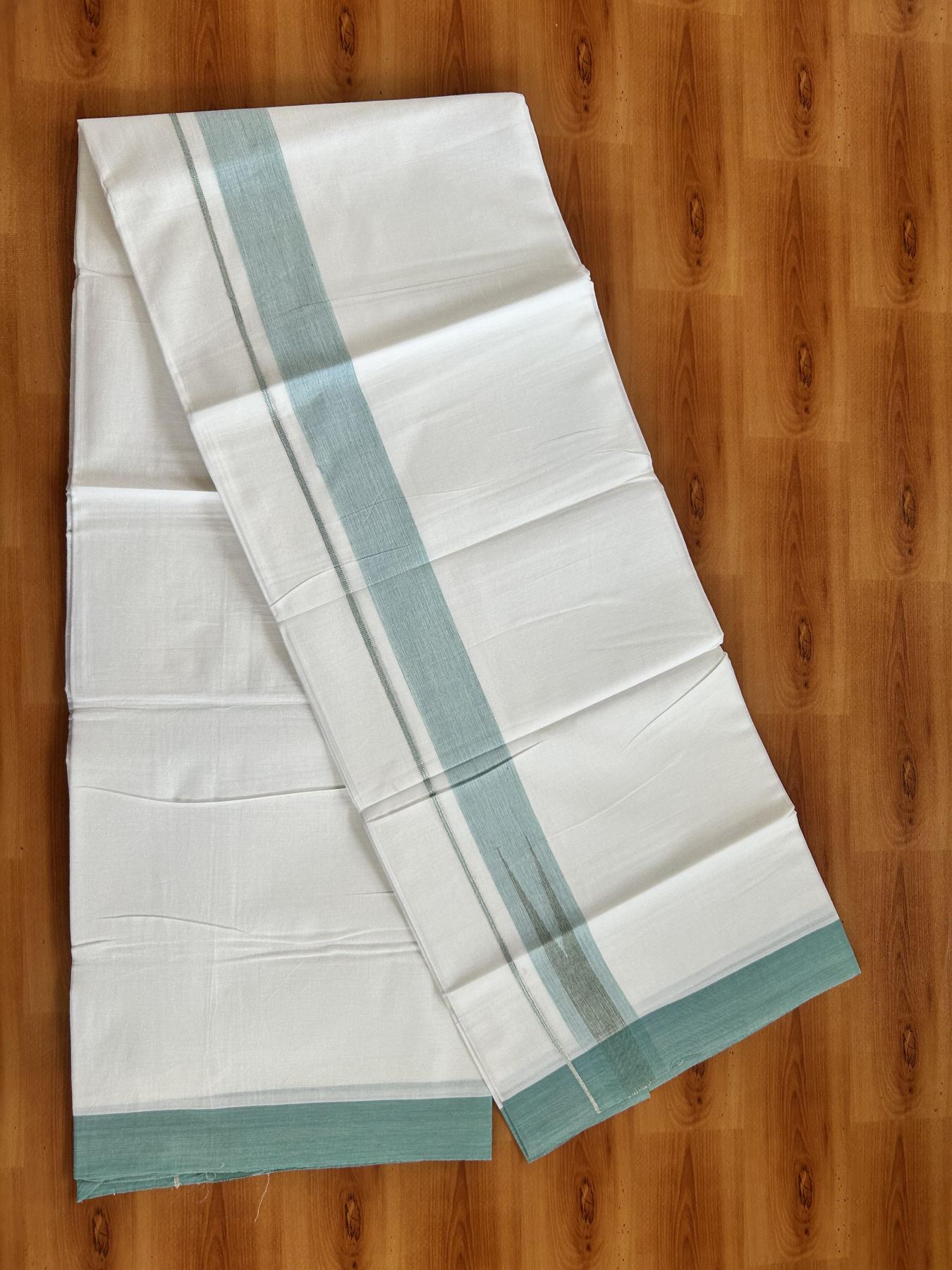 Double Pure White Mundu/Dhoti - 20% Discount !! KaithariKada Balaramapuram 100% Cotton - 100x80 - 1.5 inch Turquoise & Green Silver Chutty Kara 3.80 mtr (8 muzham) - 1 KK5414 CKS