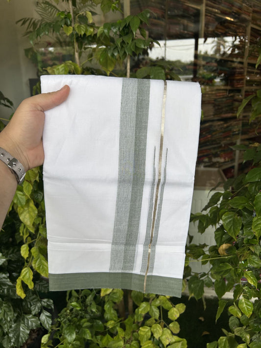 20% Discount ! Kaitharikada Balaramapuram 100% Pure Cotton Double Pure White Mundu/Dhoti - 100x80 - 1.5 inch Silver Kasav & Military Green Shaded Stripes Chutty 3.90 mtr (8 muzham) - 49 KK5312 PMC