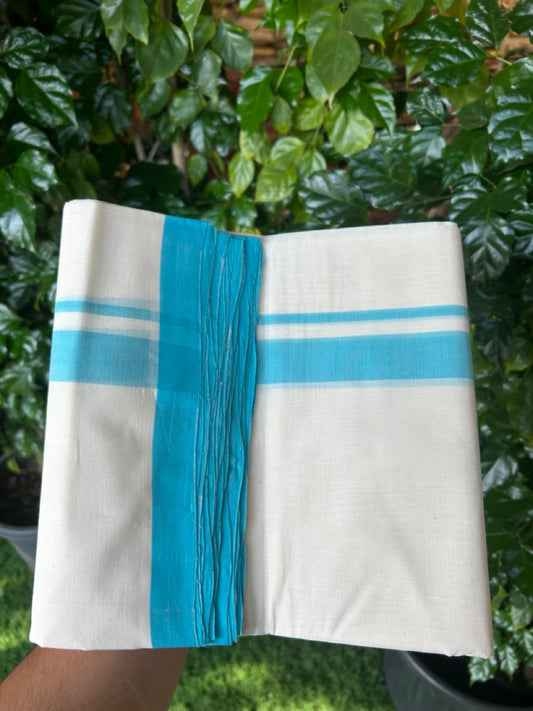 25% Discount ! KaithariKada Handloom Millpaav Balaramapuram - 100% PURE Cotton OFF White (Unbleached) Double Mundu/Dothi - 80x90 - 1.25 inch Turquoise Blue Mulloth Kara 4 Meters (8.5 Muzham) - 7 KK5256 RAM