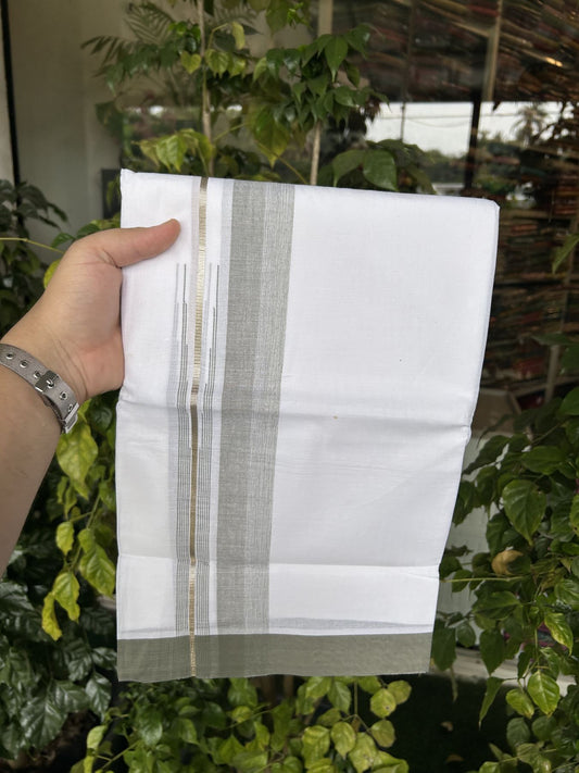 20% Discount ! Kaitharikada Balaramapuram 100% Pure Cotton Double Pure White Mundu/Dhoti - 100x80 - 1.5 inch Silver Kasav & Light Olive Green Shaded Stripes Chutty 3.90 mtr (8 muzham) - 46 KK5312 PMC