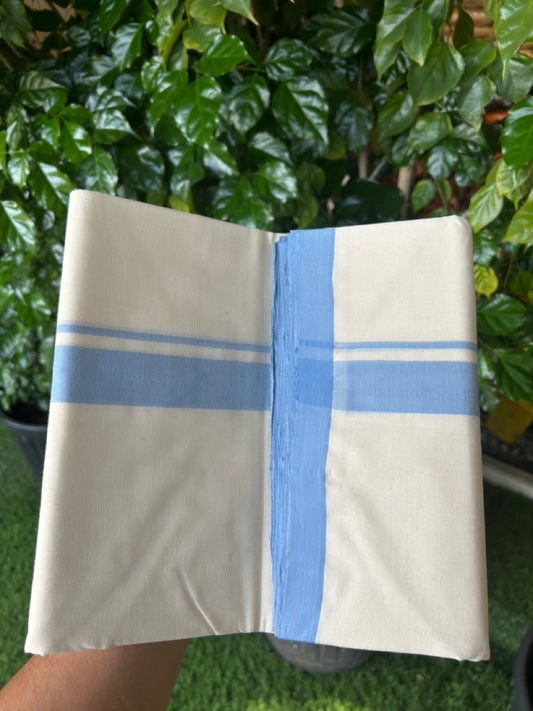 25% Discount ! KaithariKada Handloom Millpaav Balaramapuram - 100% PURE Cotton OFF White (Unbleached) Double Mundu/Dothi - 80x90 - 1 inch Light Blue Mulloth Kara 4 Meters (8.5 Muzham) - 6 KK5256 RAM
