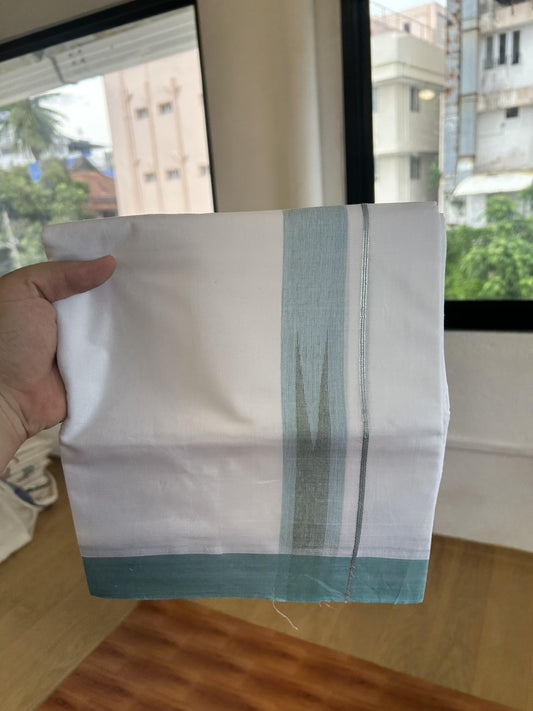 Double Pure White Mundu/Dhoti - 20% Discount !! KaithariKada Balaramapuram 100% Cotton - 100x80 - 1.5 inch Turquoise & Green Silver Chutty Kara 3.80 mtr (8 muzham) - 1 KK5414 CKS