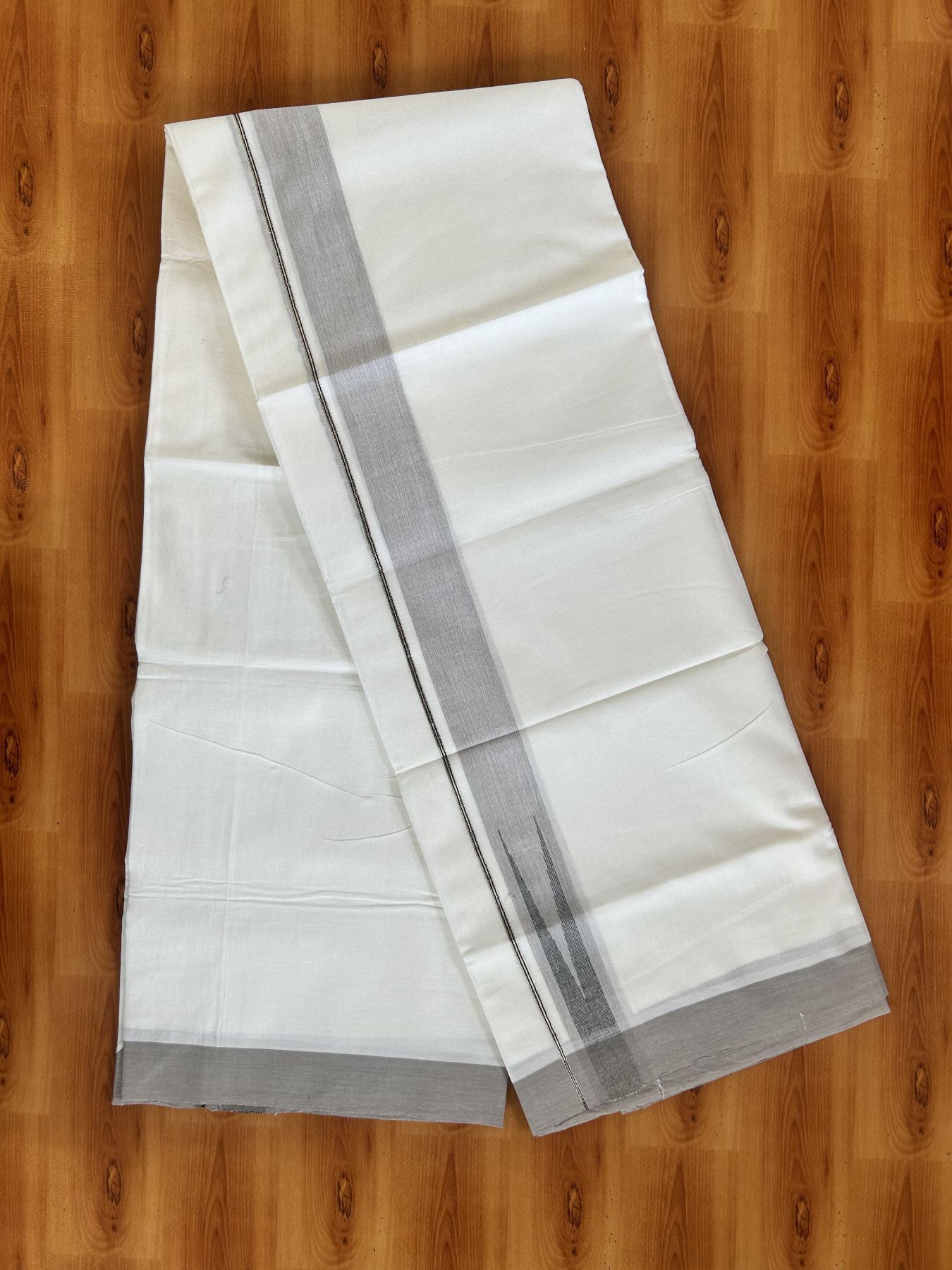 Double Pure White Mundu/Dhoti - 20% Discount !! KaithariKada Balaramapuram 100% Cotton - 100x80 - 1.5 inch Ash Grey & Black Silver Chutty Kara 3.80 mtr (8 muzham) - 2 KK5414 CKS