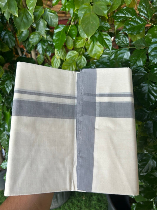 25% Discount ! KaithariKada Handloom Millpaav Balaramapuram - 100% PURE Cotton OFF White (Unbleached) Double Mundu/Dothi - 80x90 - 1.25 inch Ash Grey Mulloth Kara 4 Meters (8.5 Muzham) - 5 KK5256 RAM