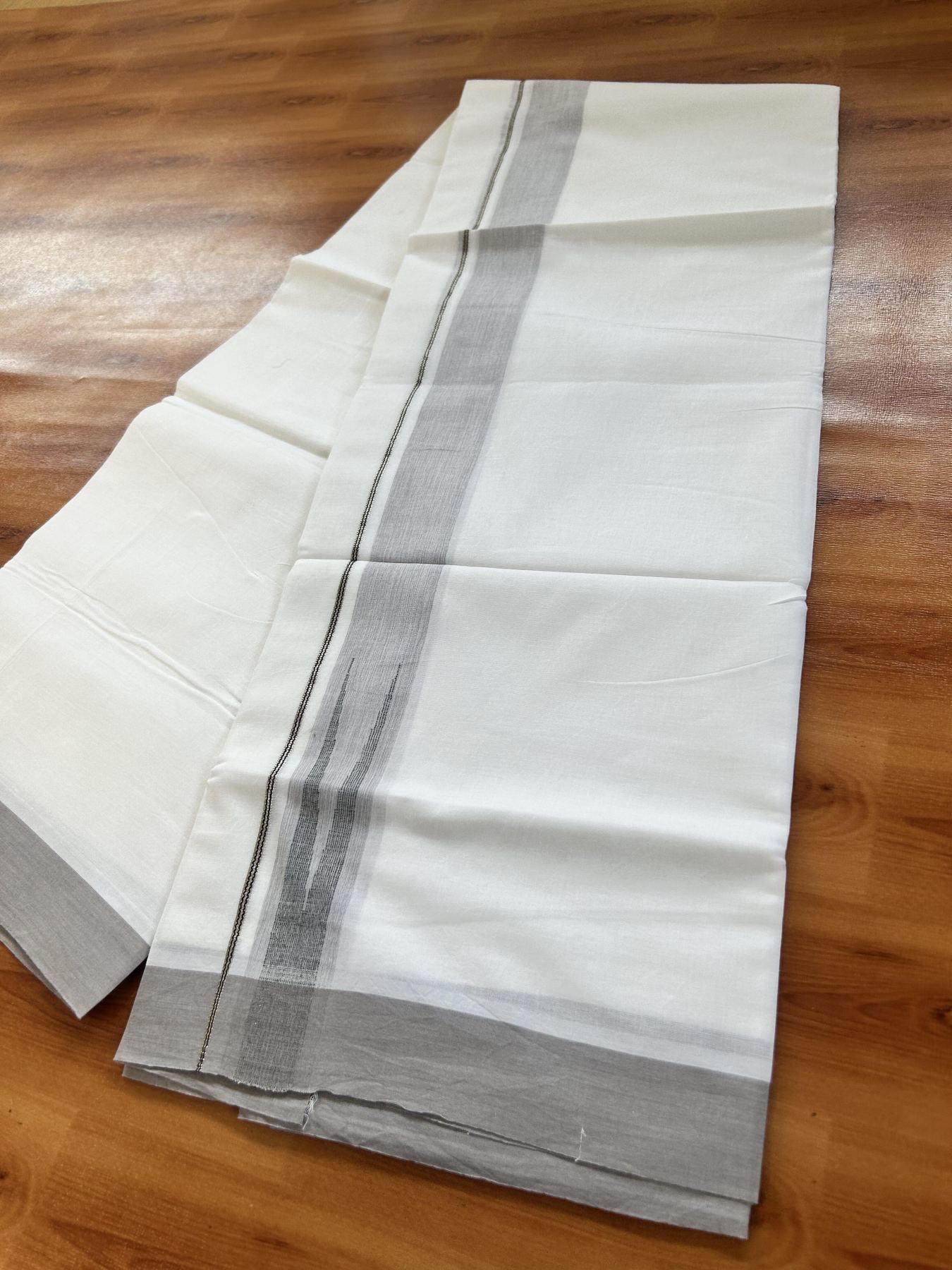 Double Pure White Mundu/Dhoti - 20% Discount !! KaithariKada Balaramapuram 100% Cotton - 100x80 - 1.5 inch Ash Grey & Black Silver Chutty Kara 3.80 mtr (8 muzham) - 2 KK5414 CKS
