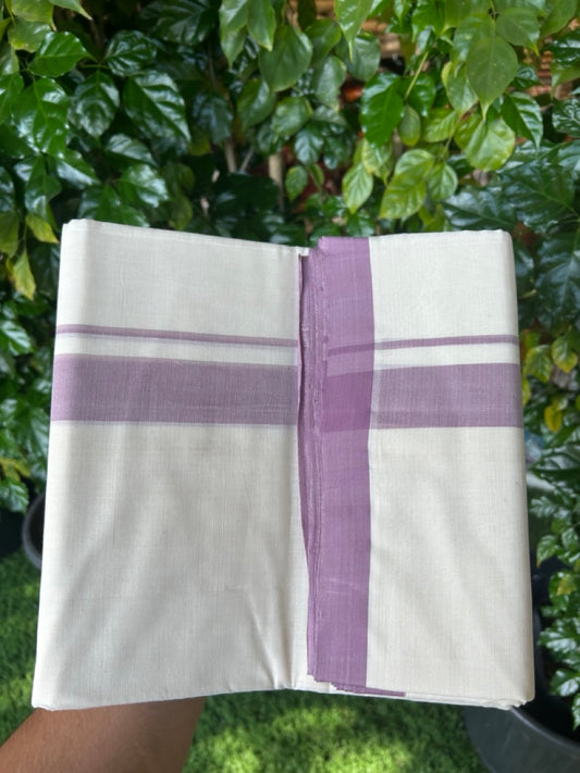 25% Discount ! KaithariKada Handloom Millpaav Balaramapuram - 100% PURE Cotton OFF White (Unbleached) Double Mundu/Dothi - 80x90 - 1.5 inch Light Purple Mulloth Kara 4 Meters (8.5 Muzham) - 2 KK5256 RAM