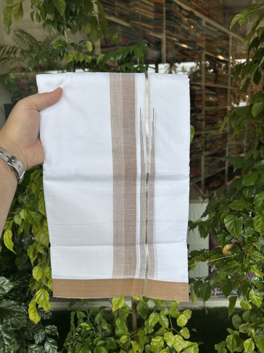 20% Discount ! Kaitharikada Balaramapuram 100% Pure Cotton Double Pure White Mundu/Dhoti - 100x80 - 1.5 inch Silver Kasav & Brown Shaded Stripes Chutty 3.90 mtr (8 muzham) - 48 KK5312 PMC
